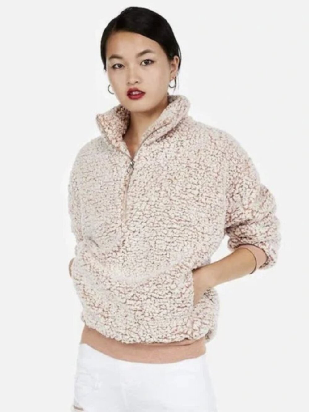 NWOT Express Women's Cream & Apricot Quarter Zip Teddy Sherpa Pullover Jacket